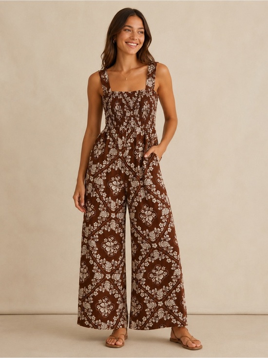 American Eagle Outfitters Pants - American Eagle Outfitters Brown Floral Square-Neck Wide-Leg Jumpsuit